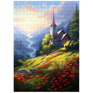 puzzleplate Mountain Chapel with Vibrant Meadow 500 Jigsaw Puzzle