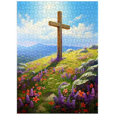 puzzleplate Hilltop Cross with Wildflower Bloom 500 Jigsaw Puzzle