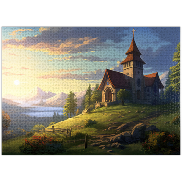 puzzleplate Hillside Chapel with Mountain Sunset 1000 Jigsaw Puzzle