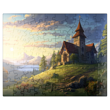 puzzleplate Hillside Chapel with Mountain Sunset 100 Jigsaw Puzzle