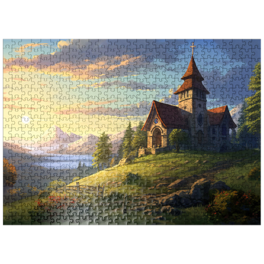 puzzleplate Hillside Chapel with Mountain Sunset 500 Jigsaw Puzzle