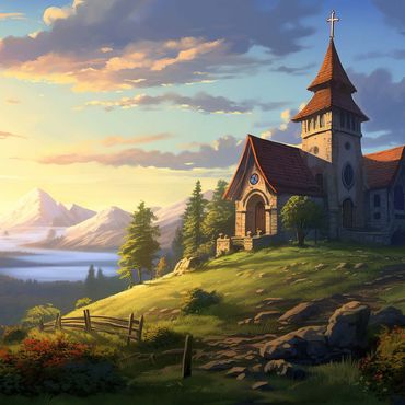 Hillside Chapel with Mountain Sunset 500 Jigsaw Puzzle 3D Modell