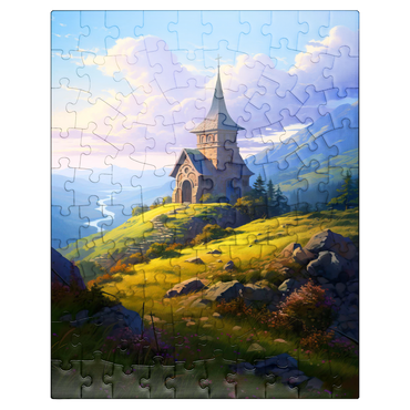 puzzleplate Mountain Chapel with Winding River View 100 Jigsaw Puzzle