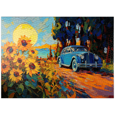puzzleplate Vintage Car and Sunflower Field Sunset 1000 Jigsaw Puzzle