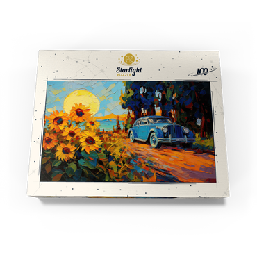 Vintage Car and Sunflower Field Sunset 100 Jigsaw Puzzle box view3