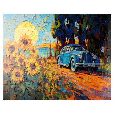 puzzleplate Vintage Car and Sunflower Field Sunset 100 Jigsaw Puzzle