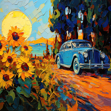 Vintage Car and Sunflower Field Sunset 100 Jigsaw Puzzle 3D Modell
