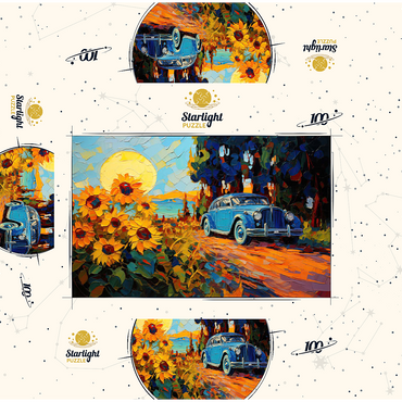 Vintage Car and Sunflower Field Sunset 100 Jigsaw Puzzle box 3D Modell