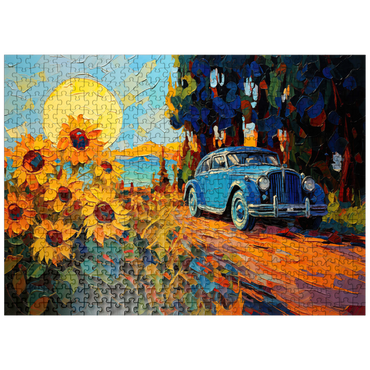 puzzleplate Vintage Car and Sunflower Field Sunset 500 Jigsaw Puzzle