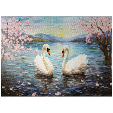 puzzleplate Swans and Cherry Blossoms at Sunrise 1000 Jigsaw Puzzle