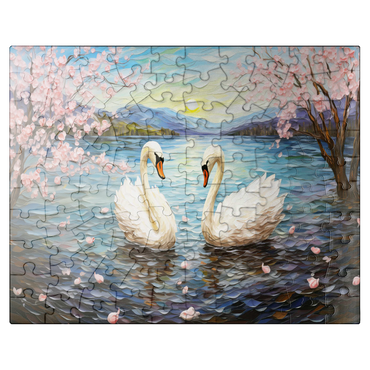 puzzleplate Swans and Cherry Blossoms at Sunrise 100 Jigsaw Puzzle