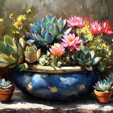 Blooming Succulents in Blue Ceramic Pot 1000 Jigsaw Puzzle 3D Modell