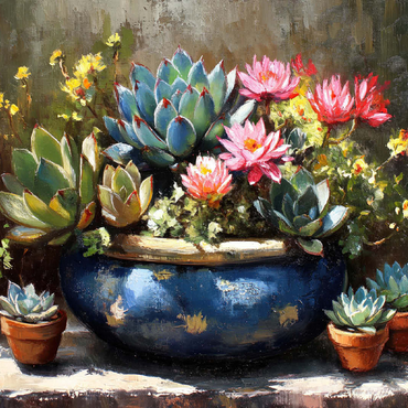 Blooming Succulents in Blue Ceramic Pot 100 Jigsaw Puzzle 3D Modell