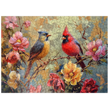 puzzleplate Cardinal and Songbird Among Blossoms 500 Jigsaw Puzzle