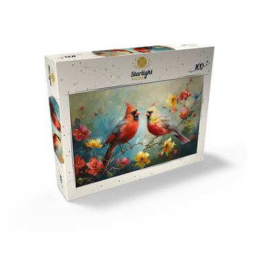Northern Cardinals Among Spring Blossoms 100 Jigsaw Puzzle box view2