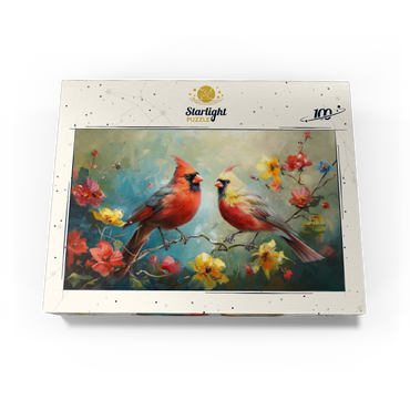 Northern Cardinals Among Spring Blossoms 100 Jigsaw Puzzle box view3
