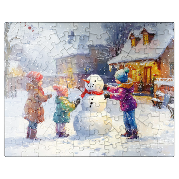 puzzleplate Children Building Snowman in Winter Village 100 Jigsaw Puzzle