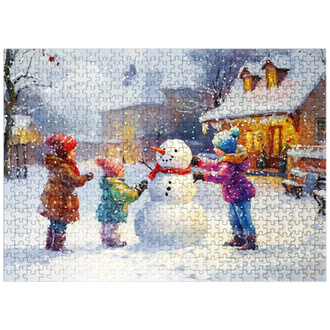 puzzleplate Children Building Snowman in Winter Village 500 Jigsaw Puzzle