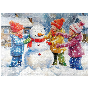 puzzleplate Kids Decorating Snowman in Snowy Backyard 1000 Jigsaw Puzzle