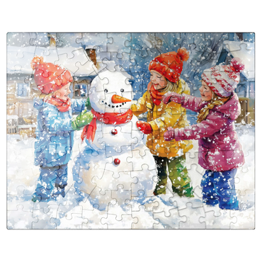 puzzleplate Kids Decorating Snowman in Snowy Backyard 100 Jigsaw Puzzle