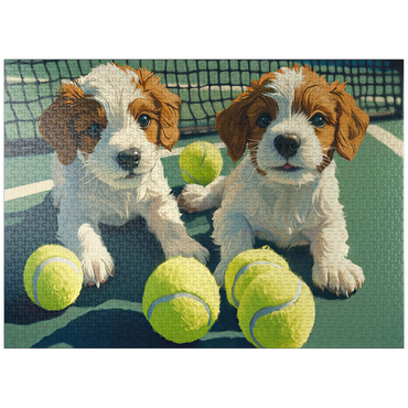 puzzleplate Cute Puppies with Tennis Balls on Court 1000 Jigsaw Puzzle