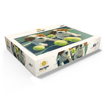 Cute Puppies with Tennis Balls on Court 100 Jigsaw Puzzle box view1