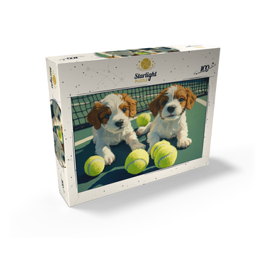 Cute Puppies with Tennis Balls on Court 100 Jigsaw Puzzle box view2