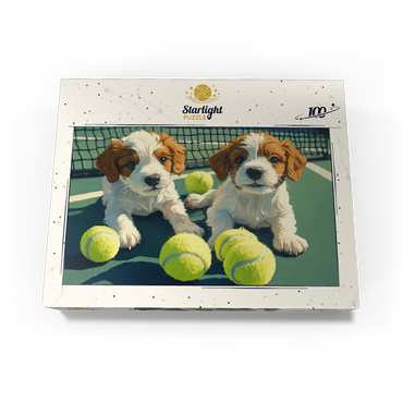 Cute Puppies with Tennis Balls on Court 100 Jigsaw Puzzle box view3