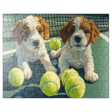 puzzleplate Cute Puppies with Tennis Balls on Court 100 Jigsaw Puzzle