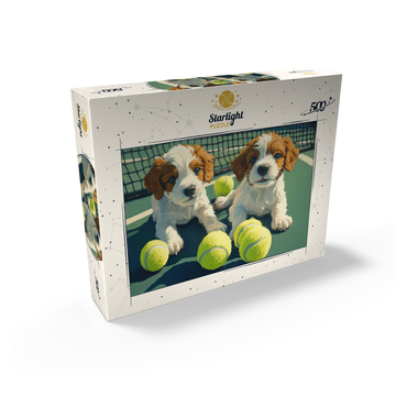 Cute Puppies with Tennis Balls on Court 500 Jigsaw Puzzle box view2