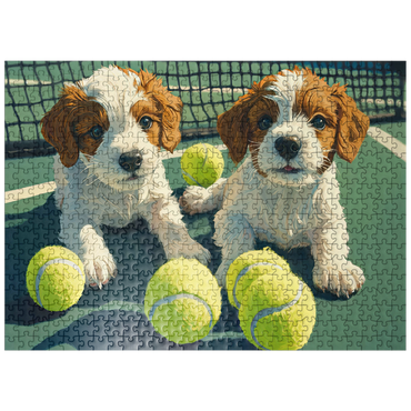 puzzleplate Cute Puppies with Tennis Balls on Court 500 Jigsaw Puzzle