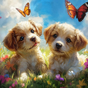 Cute Puppies in Flower Meadow with Butterflies 1000 Jigsaw Puzzle 3D Modell