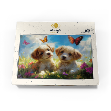 Cute Puppies in Flower Meadow with Butterflies 100 Jigsaw Puzzle box view3