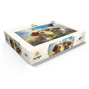 Cute Puppies in Flower Meadow with Butterflies 500 Jigsaw Puzzle box view1
