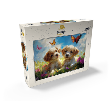 Cute Puppies in Flower Meadow with Butterflies 500 Jigsaw Puzzle box view2