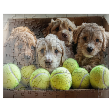 puzzleplate Adorable Puppies in Box with Tennis Balls 100 Jigsaw Puzzle