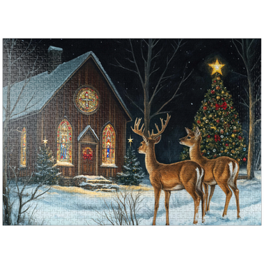 puzzleplate Deer by Snowy Church with Christmas Tree 1000 Jigsaw Puzzle