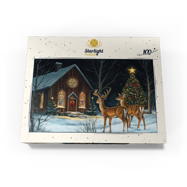 Deer by Snowy Church with Christmas Tree 100 Jigsaw Puzzle box view3