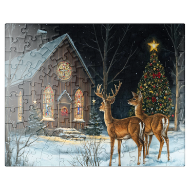puzzleplate Deer by Snowy Church with Christmas Tree 100 Jigsaw Puzzle