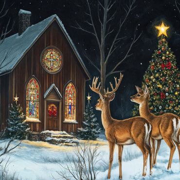 Deer by Snowy Church with Christmas Tree 100 Jigsaw Puzzle 3D Modell