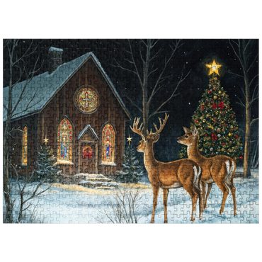 puzzleplate Deer by Snowy Church with Christmas Tree 500 Jigsaw Puzzle