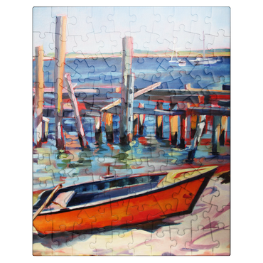 puzzleplate Vibrant Dockside with Orange Rowboat 100 Jigsaw Puzzle