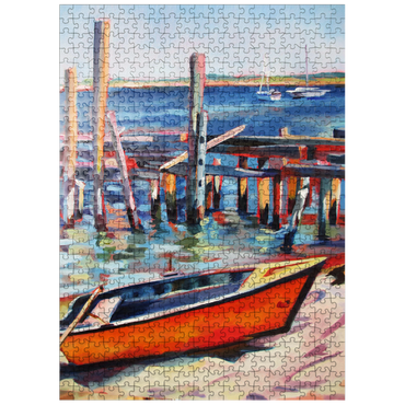 puzzleplate Vibrant Dockside with Orange Rowboat 500 Jigsaw Puzzle