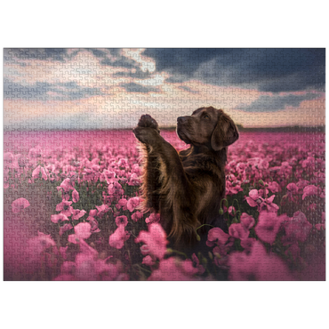puzzleplate Chocolate Labrador in Blooming Pink Field 1000 Jigsaw Puzzle