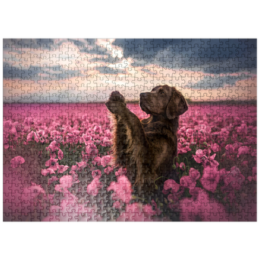 puzzleplate Chocolate Labrador in Blooming Pink Field 500 Jigsaw Puzzle