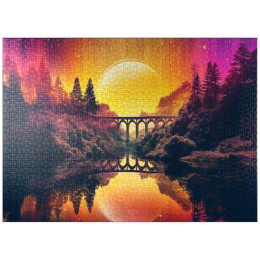 puzzleplate Surreal Bridge Over River with Giant Golden Moon 1000 Jigsaw Puzzle
