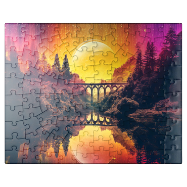 puzzleplate Surreal Bridge Over River with Giant Golden Moon 100 Jigsaw Puzzle