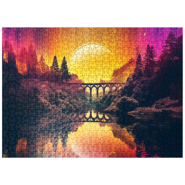 puzzleplate Surreal Bridge Over River with Giant Golden Moon 500 Jigsaw Puzzle