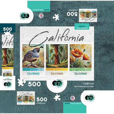 California: Bird, Tree, Flower- State Symbols Collage Series 500 Jigsaw Puzzle box 3D Modell