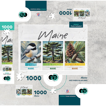Maine: Bird, Tree, Flower- State Symbols Collage Series 1000 Jigsaw Puzzle box 3D Modell